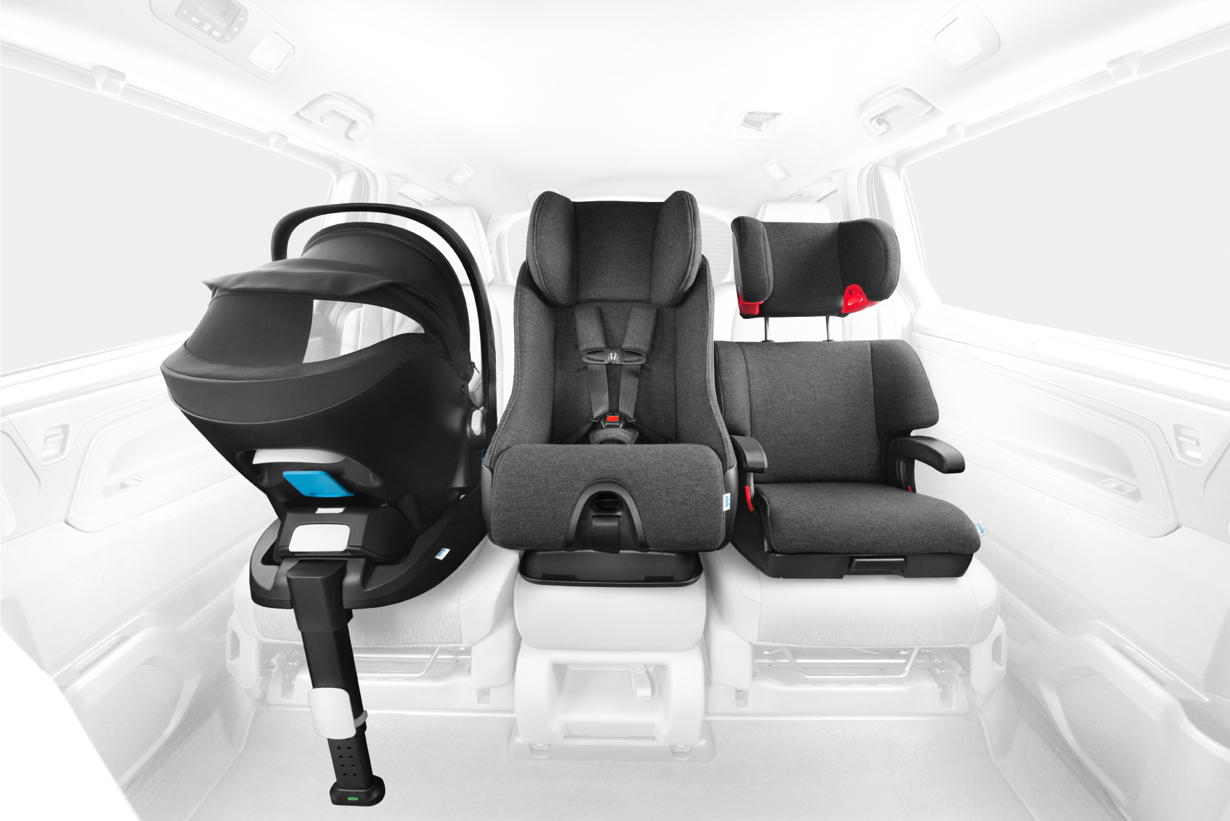 Rendering showing 3 types of car seats: rear-facing infant seat, convertible car seat in forward-facing position, and booster seat. Photo courtesy of Clek.